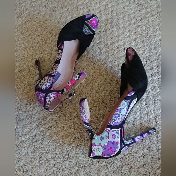 Emilio PUCCI purple floral Suede & silk open toe Stiletto Heels size 37.5 - Picture 2 of 14